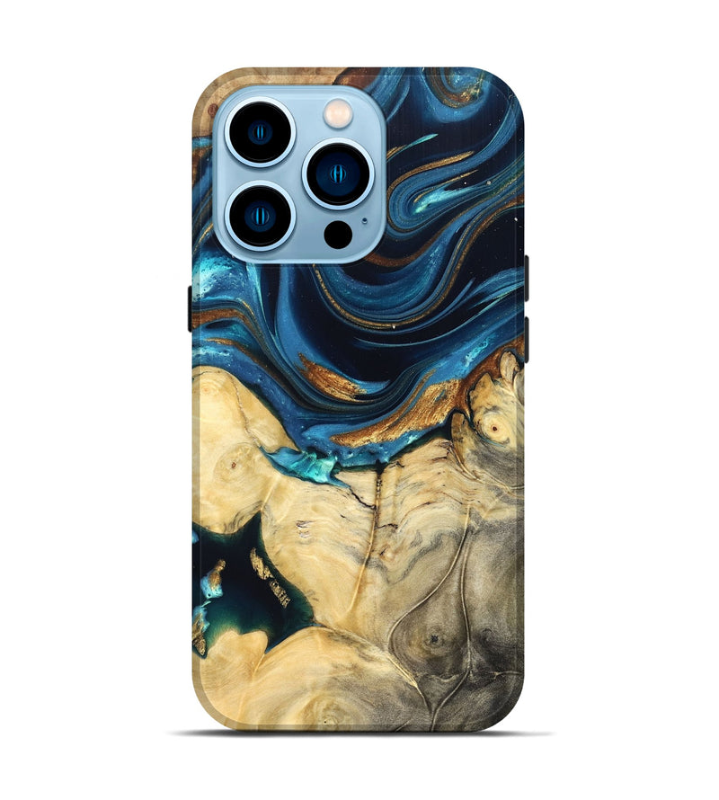 iPhone 14 Pro Wood Live Edge Phone Case - Autumn (Teal & Gold, 822774)