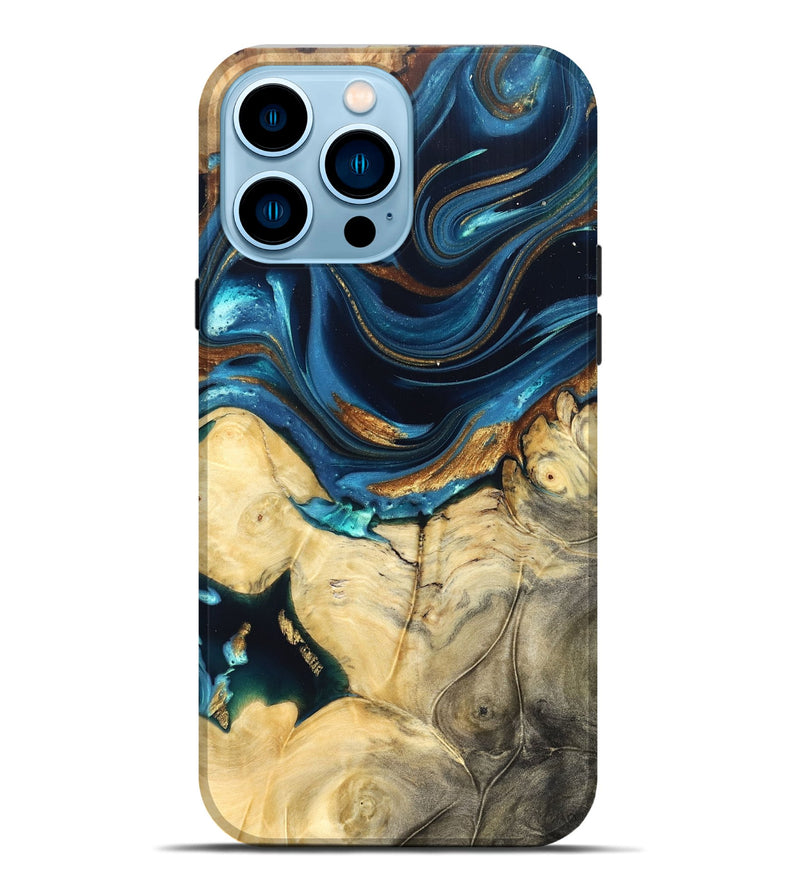 iPhone 14 Pro Max Wood Live Edge Phone Case - Autumn (Teal & Gold, 822774)