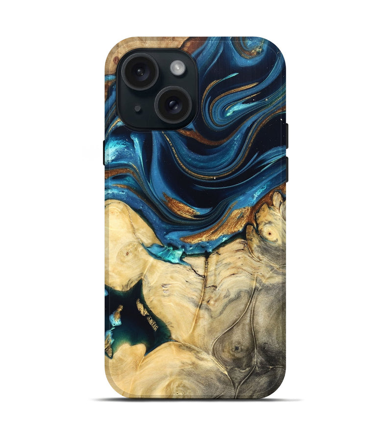 iPhone 15 Wood Live Edge Phone Case - Autumn (Teal & Gold, 822774)