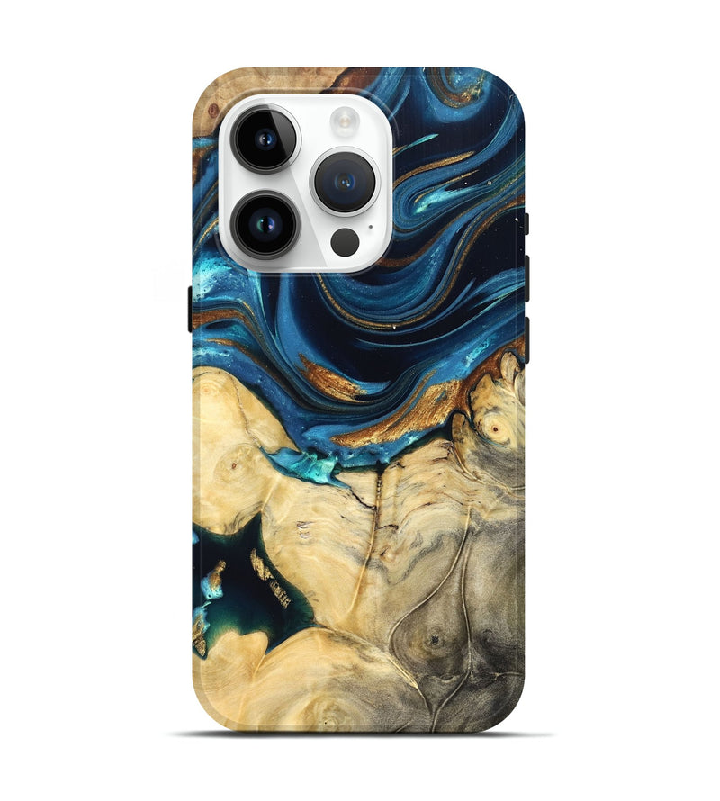 iPhone 15 Pro Wood Live Edge Phone Case - Autumn (Teal & Gold, 822774)