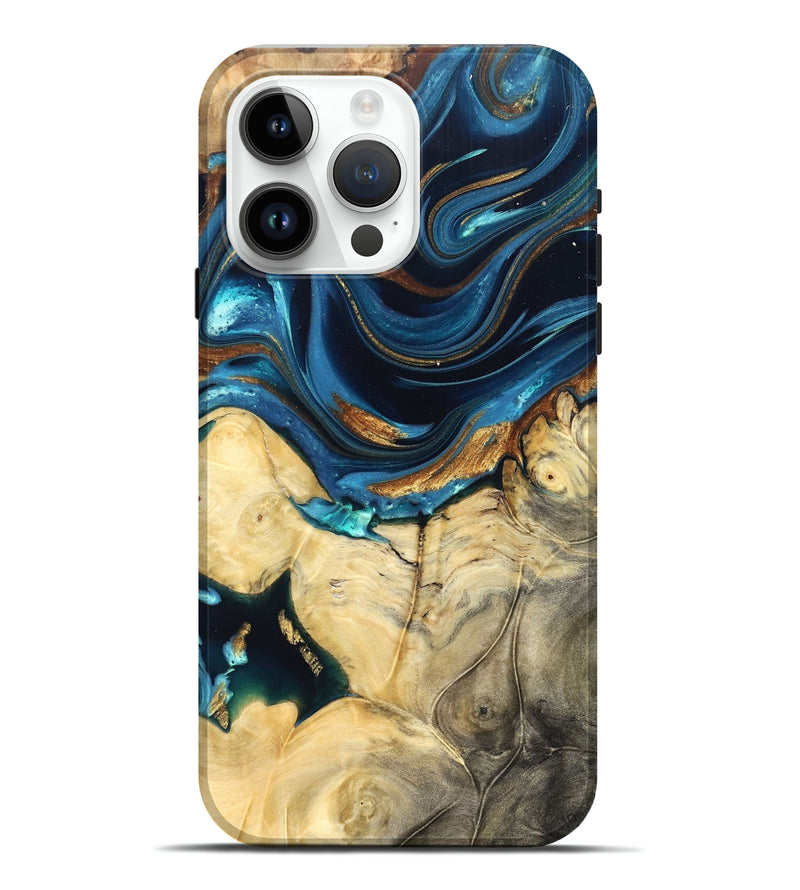 iPhone 15 Pro Max Wood Live Edge Phone Case - Autumn (Teal & Gold, 822774)