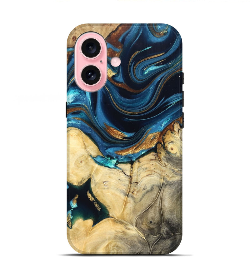 iPhone 16 Wood Live Edge Phone Case - Autumn (Teal & Gold, 822774)