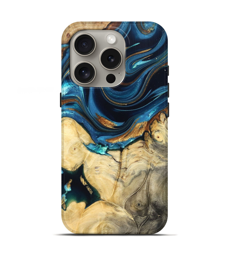 iPhone 16 Pro Wood Live Edge Phone Case - Autumn (Teal & Gold, 822774)