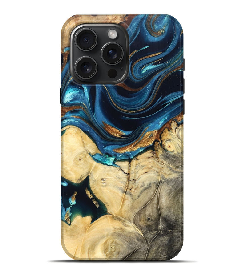 iPhone 16 Pro Max Wood Live Edge Phone Case - Autumn (Teal & Gold, 822774)