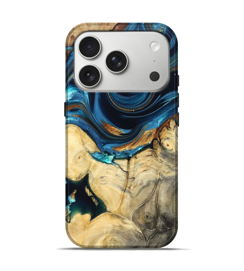 iPhone 17 Pro Wood Live Edge Phone Case - Autumn (Teal & Gold, 822774)