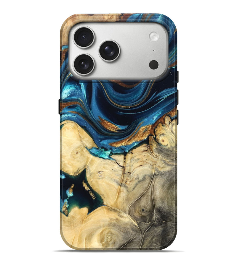 iPhone 17 Pro Max Wood Live Edge Phone Case - Autumn (Teal & Gold, 822774)