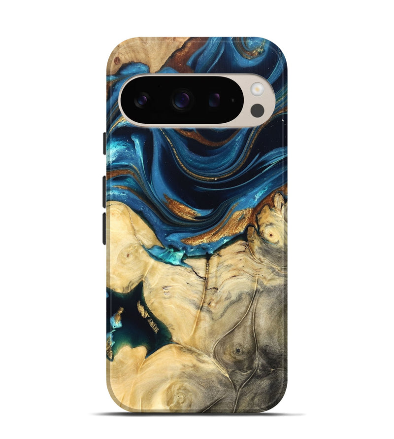Pixel 9 Wood Live Edge Phone Case - Autumn (Teal & Gold, 822774)