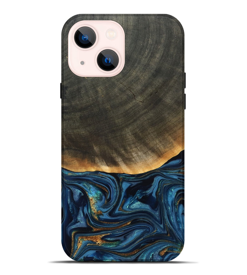 iPhone 14 Plus Wood Live Edge Phone Case - Brittny (Teal & Gold, 822775)