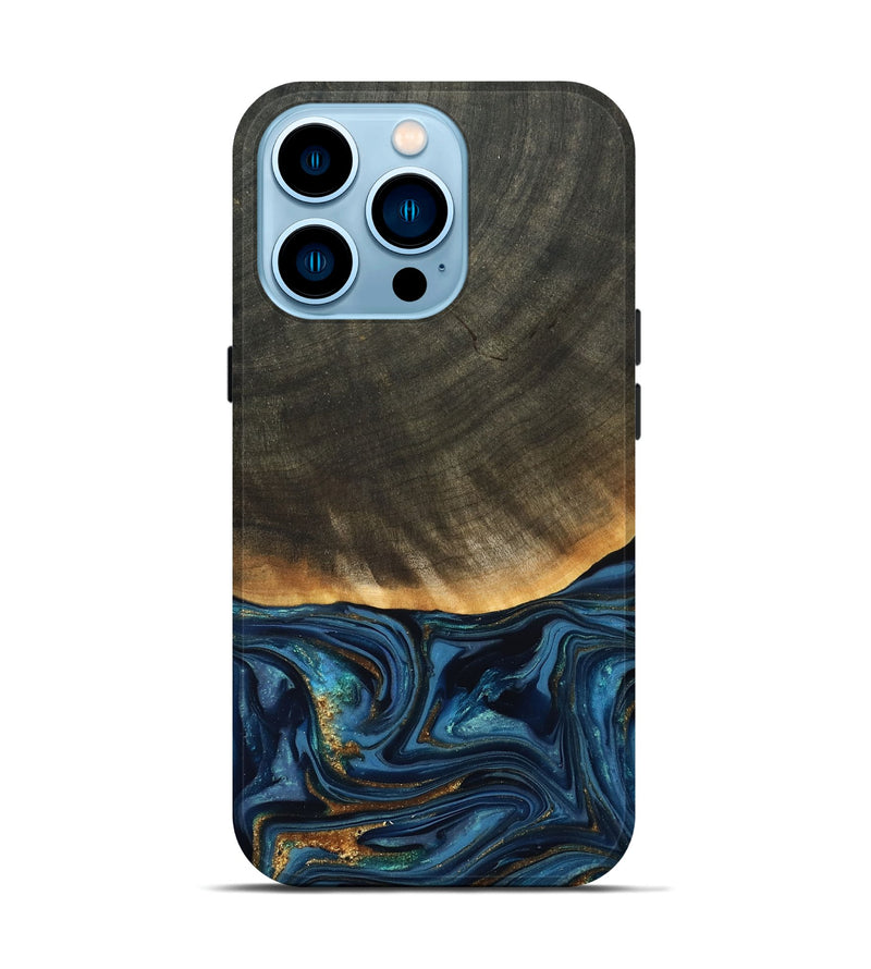 iPhone 14 Pro Wood Live Edge Phone Case - Brittny (Teal & Gold, 822775)