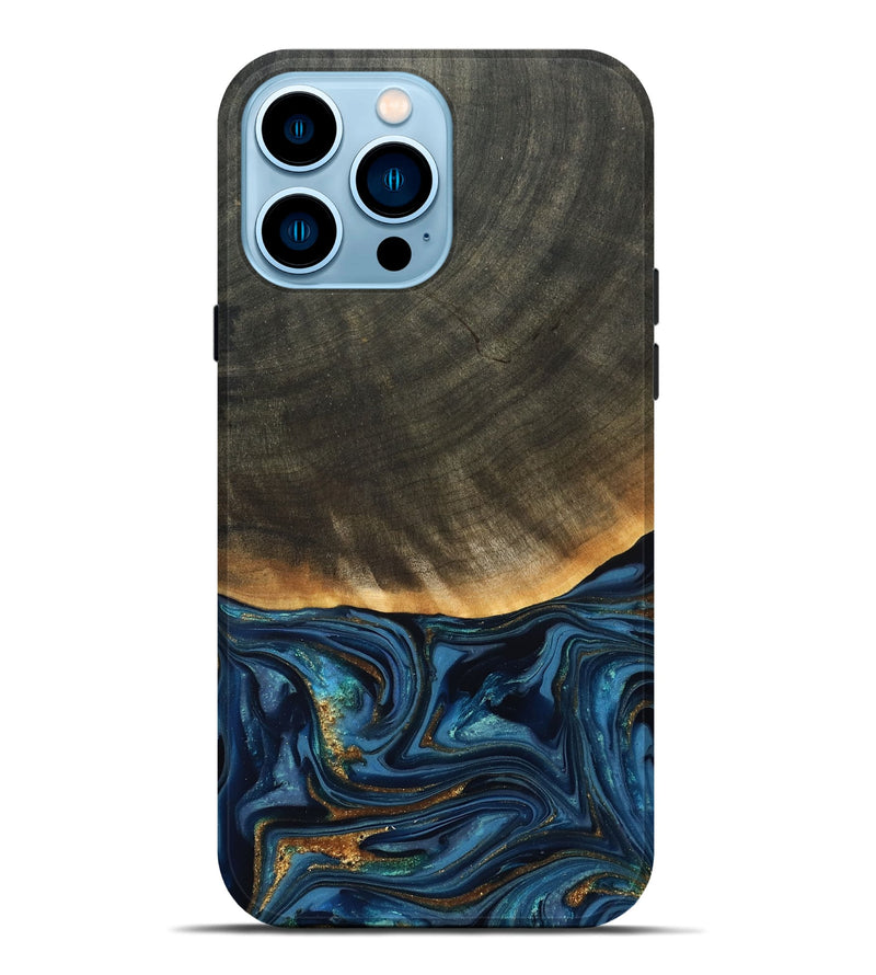 iPhone 14 Pro Max Wood Live Edge Phone Case - Brittny (Teal & Gold, 822775)