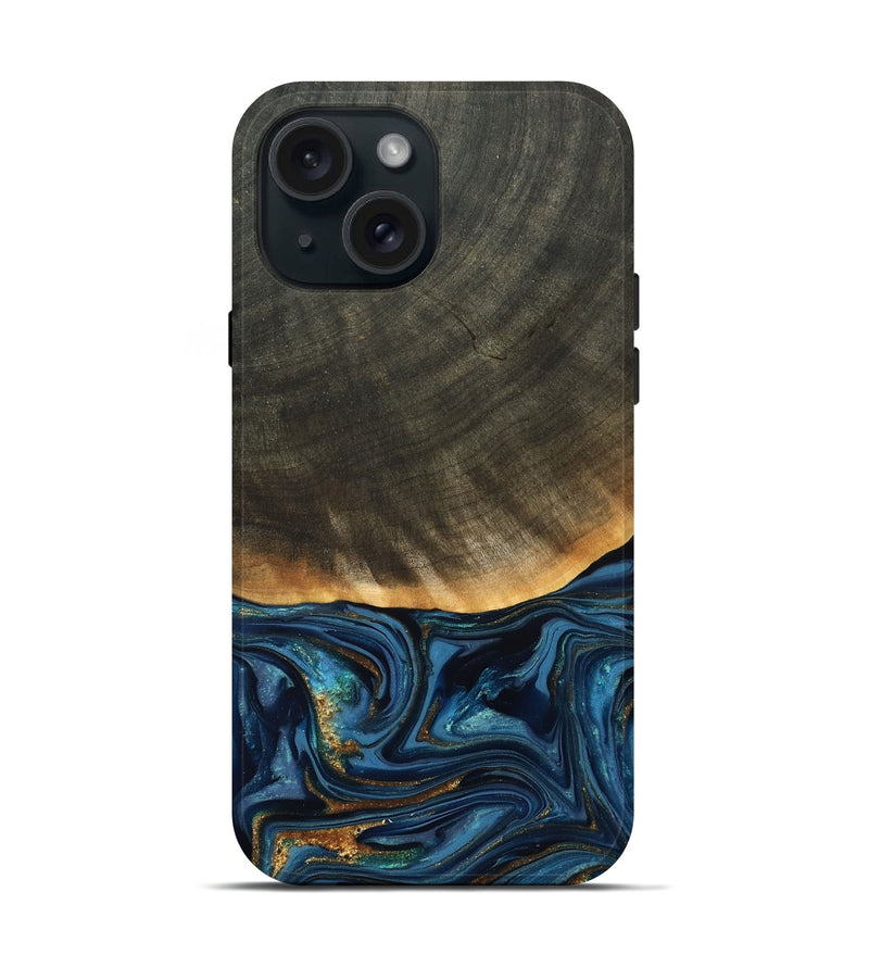 iPhone 15 Wood Live Edge Phone Case - Brittny (Teal & Gold, 822775)