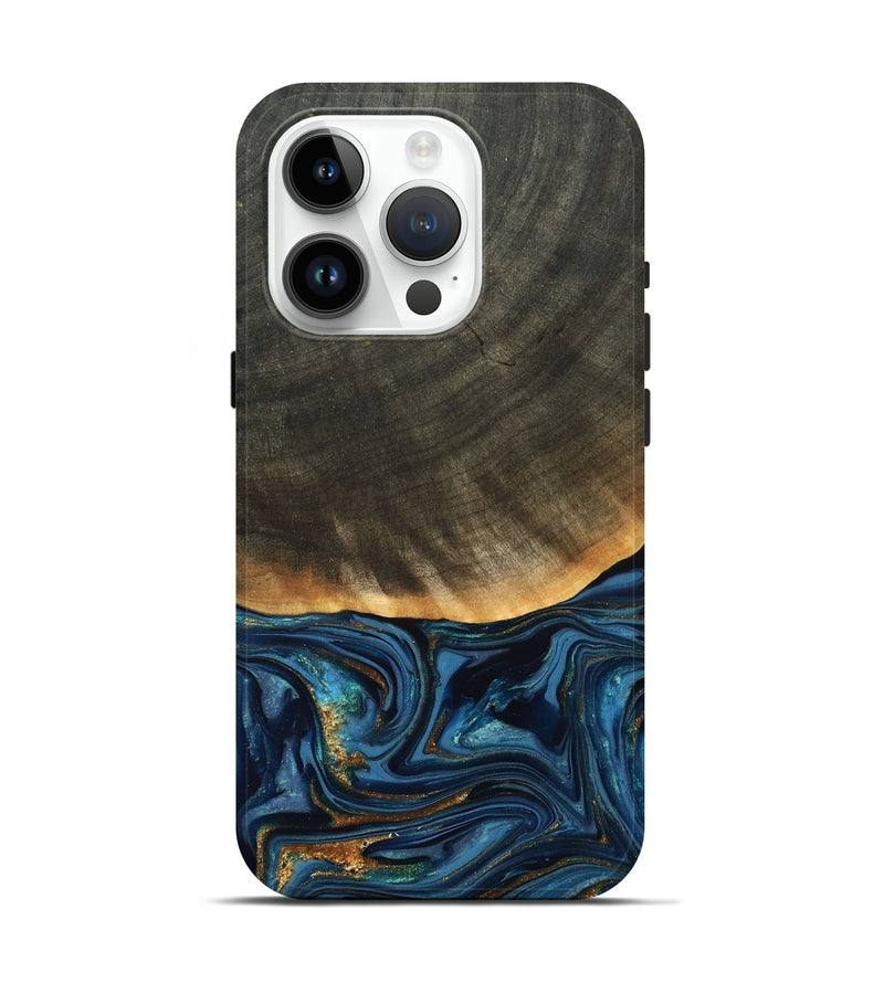 iPhone 15 Pro Wood Live Edge Phone Case - Brittny (Teal & Gold, 822775)