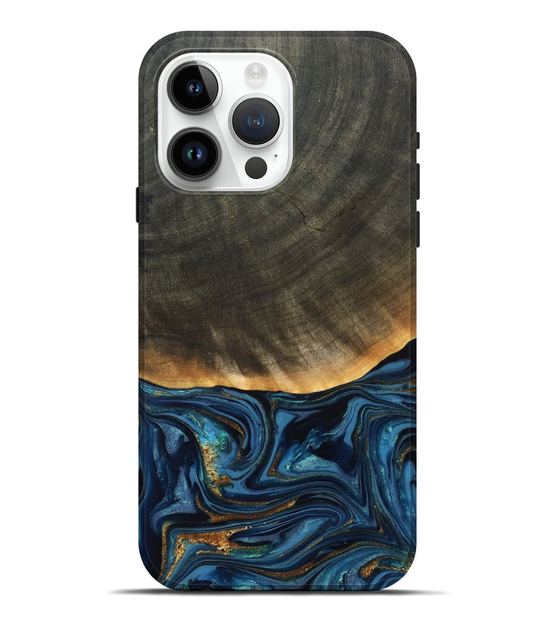 iPhone 15 Pro Max Wood Live Edge Phone Case - Brittny (Teal & Gold, 822775)