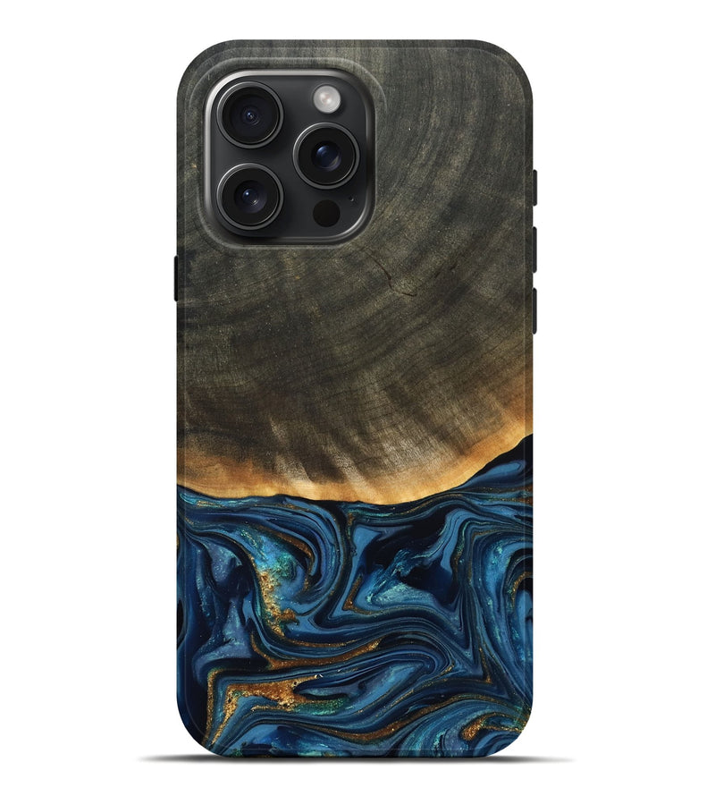 iPhone 16 Pro Max Wood Live Edge Phone Case - Brittny (Teal & Gold, 822775)