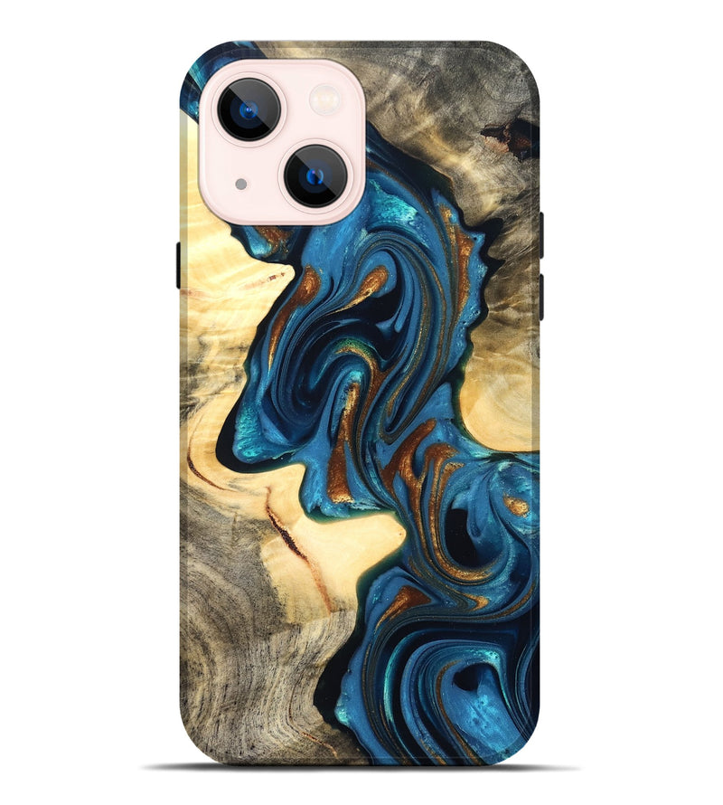 iPhone 14 Plus Wood Live Edge Phone Case - Cortez (Teal & Gold, 822776)