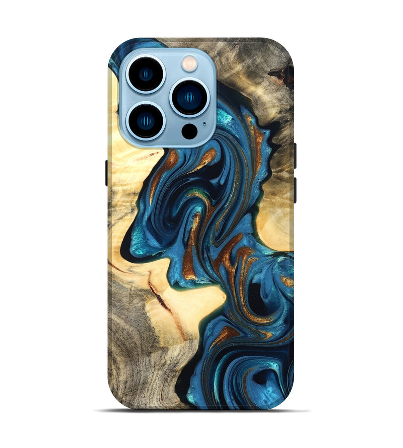 iPhone 14 Pro Wood Live Edge Phone Case - Cortez (Teal & Gold, 822776)