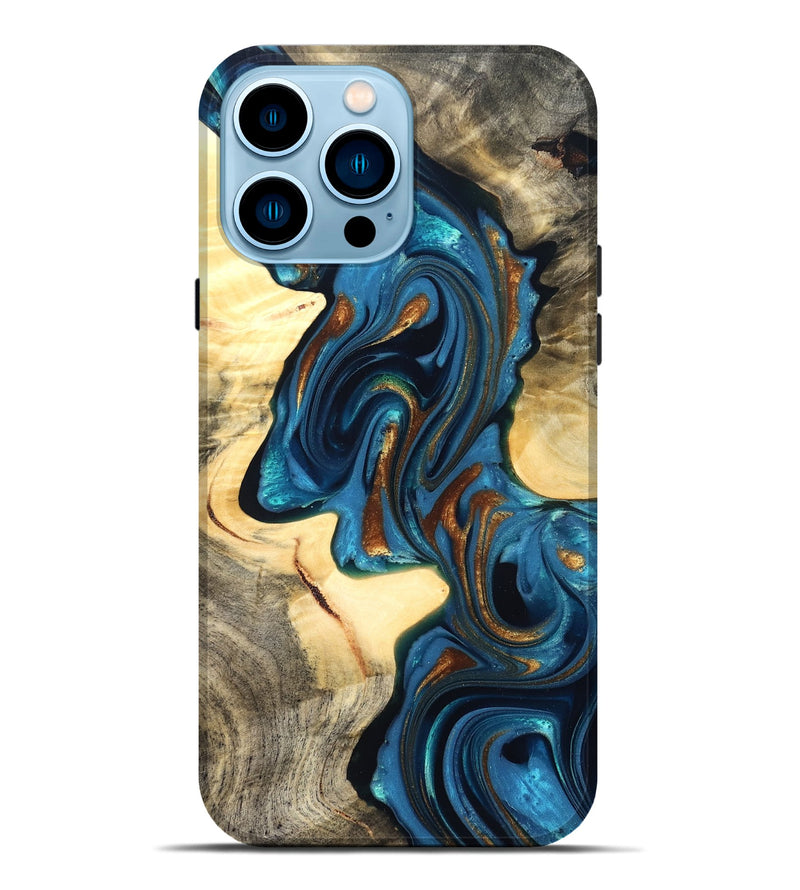 iPhone 14 Pro Max Wood Live Edge Phone Case - Cortez (Teal & Gold, 822776)