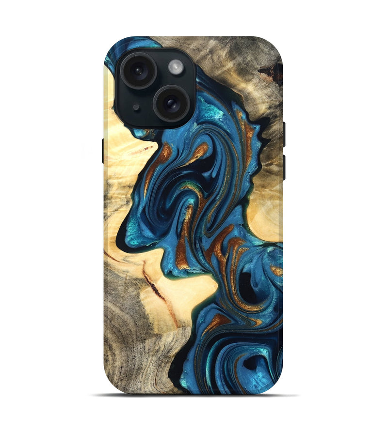 iPhone 15 Wood Live Edge Phone Case - Cortez (Teal & Gold, 822776)