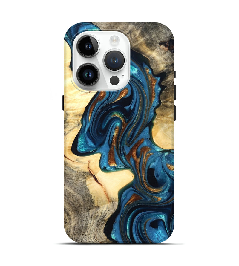 iPhone 15 Pro Wood Live Edge Phone Case - Cortez (Teal & Gold, 822776)