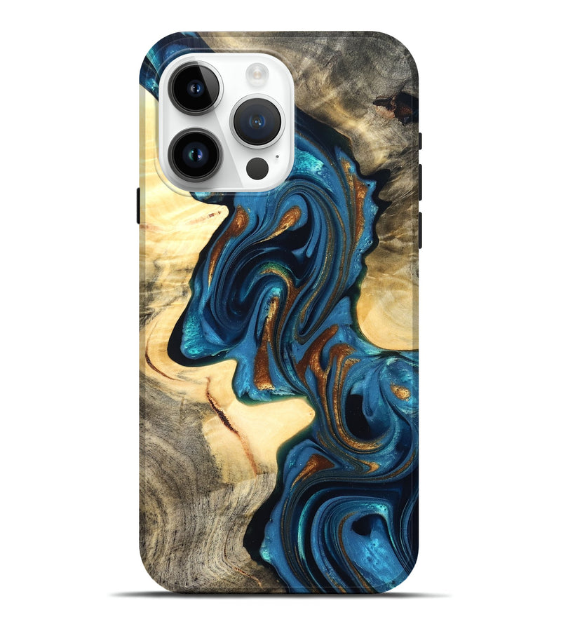 iPhone 15 Pro Max Wood Live Edge Phone Case - Cortez (Teal & Gold, 822776)