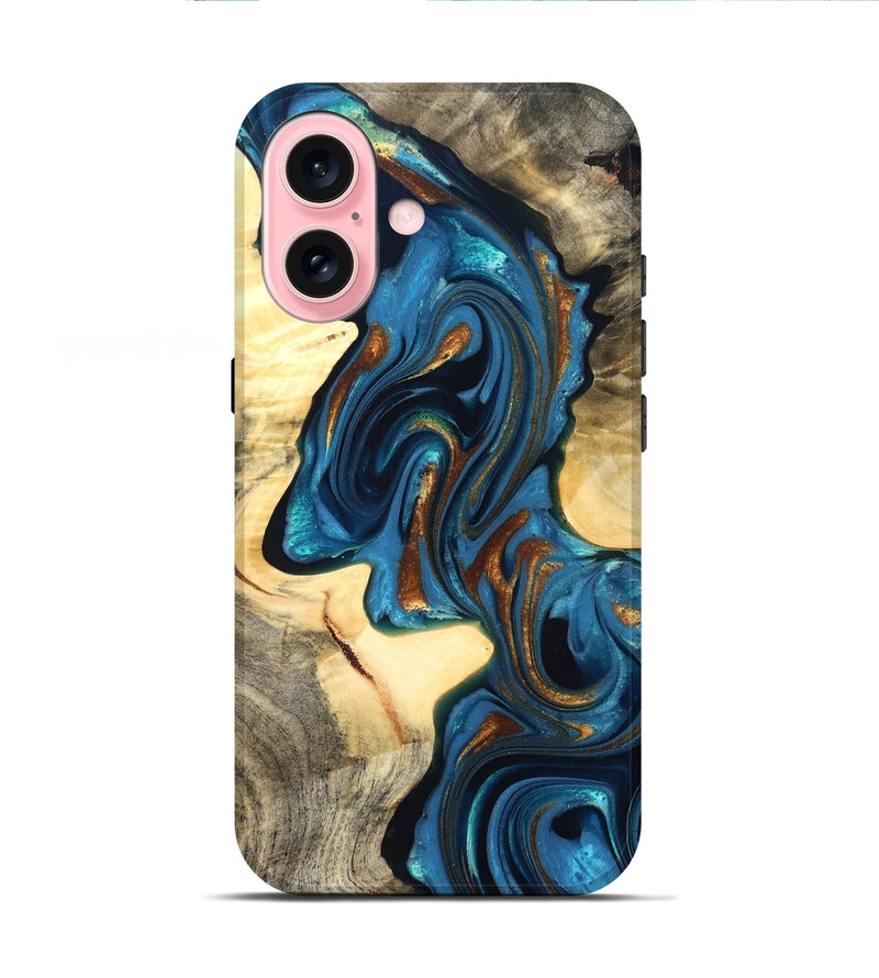 iPhone 16 Wood Live Edge Phone Case - Cortez (Teal & Gold, 822776)