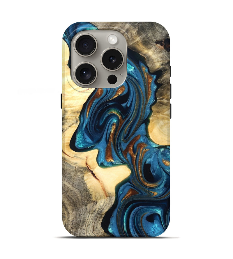 iPhone 16 Pro Wood Live Edge Phone Case - Cortez (Teal & Gold, 822776)