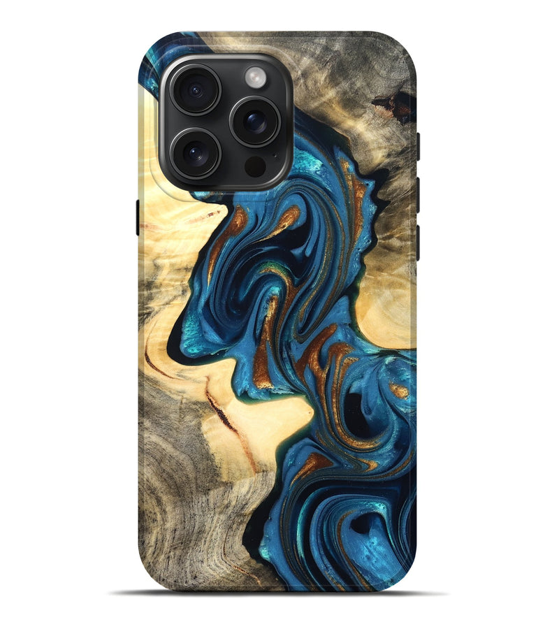 iPhone 16 Pro Max Wood Live Edge Phone Case - Cortez (Teal & Gold, 822776)