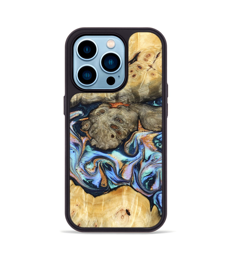 iPhone 14 Pro Wood Phone Case - Amiya (Teal & Gold, 822852)