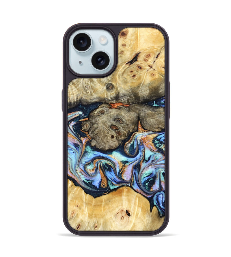 iPhone 15 Wood Phone Case - Amiya (Teal & Gold, 822852)