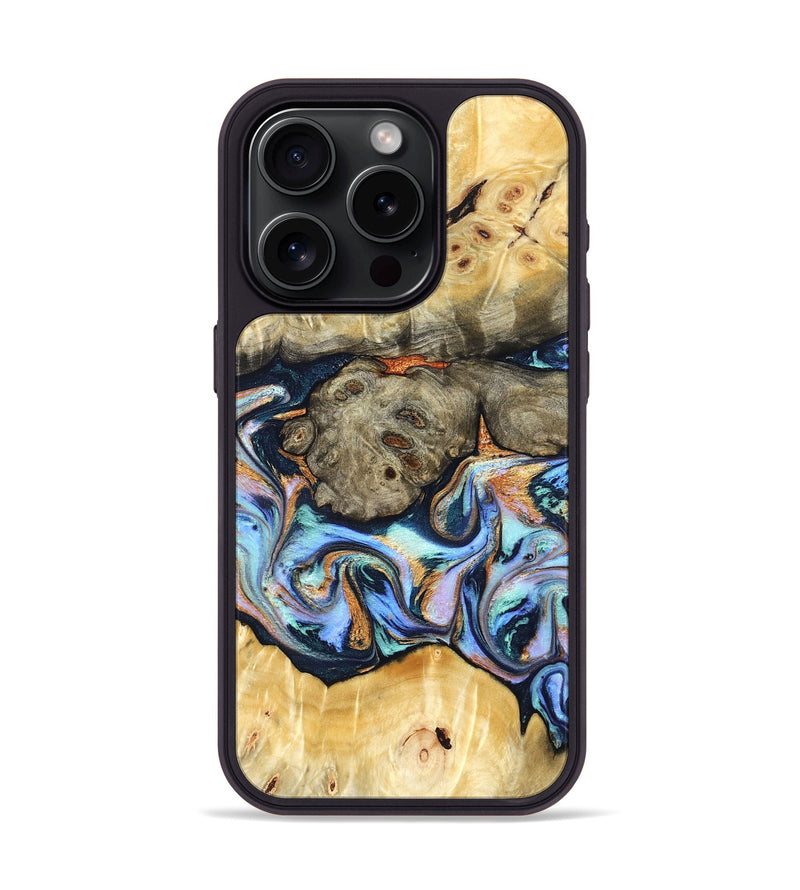 iPhone 15 Pro Wood Phone Case - Amiya (Teal & Gold, 822852)