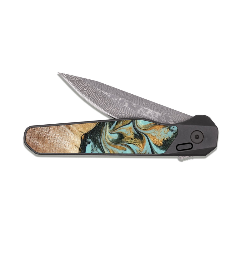 EDC Dark Damascus Wood Pocket Knife - Javon (Teal & Gold, 822856)