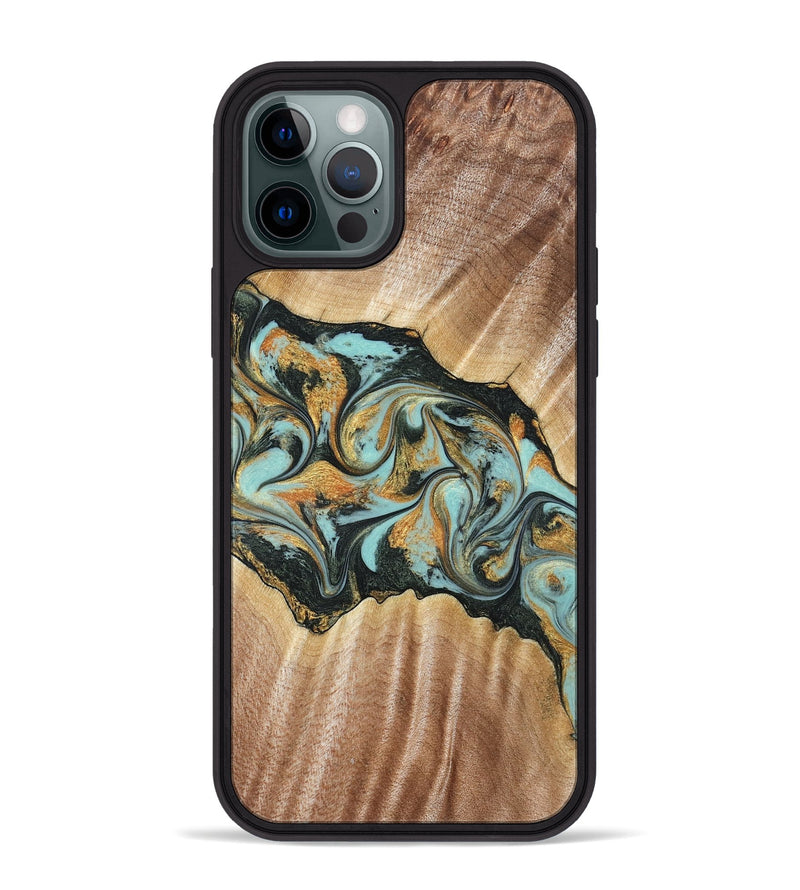iPhone 12 Pro Max Wood Phone Case - Javon (Teal & Gold, 822856)