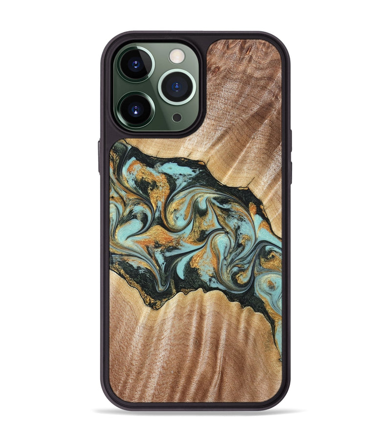 iPhone 13 Pro Max Wood Phone Case - Javon (Teal & Gold, 822856)