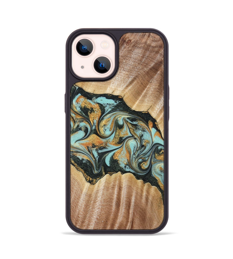 iPhone 14 Wood Phone Case - Javon (Teal & Gold, 822856)