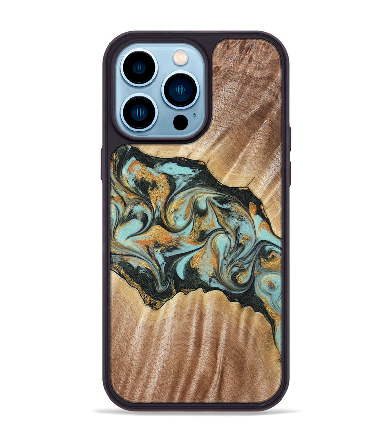iPhone 14 Pro Max Wood Phone Case - Javon (Teal & Gold, 822856)