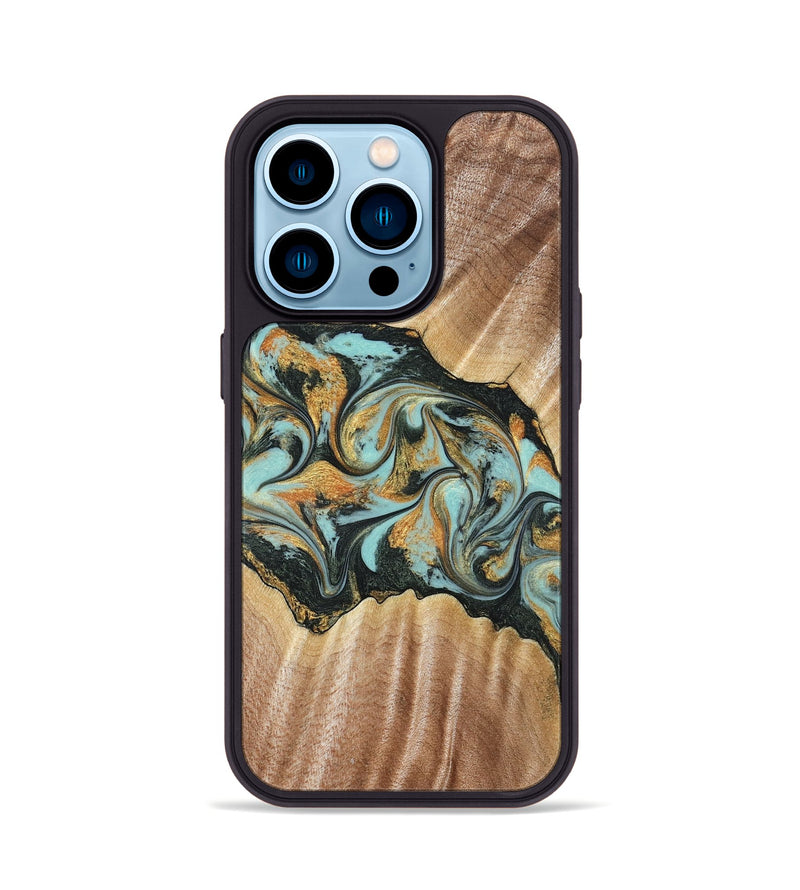 iPhone 14 Pro Wood Phone Case - Javon (Teal & Gold, 822856)