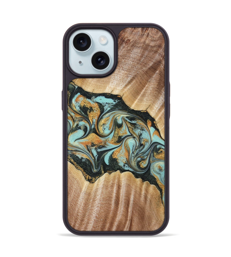 iPhone 15 Wood Phone Case - Javon (Teal & Gold, 822856)