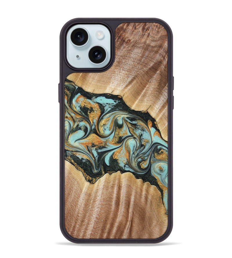 iPhone 15 Plus Wood Phone Case - Javon (Teal & Gold, 822856)
