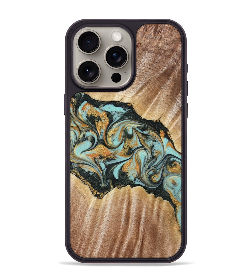 iPhone 15 Pro Max Wood Phone Case - Javon (Teal & Gold, 822856)