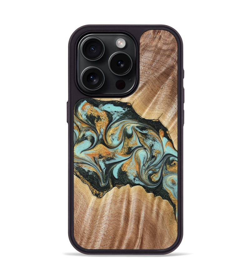 iPhone 15 Pro Wood Phone Case - Javon (Teal & Gold, 822856)