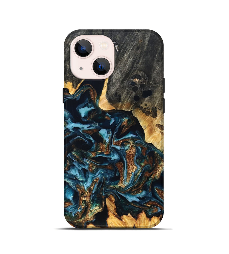 iPhone 13 mini Wood Live Edge Phone Case - Jessi (Teal & Gold, 822876)