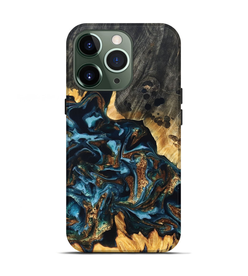 iPhone 13 Pro Wood Live Edge Phone Case - Jessi (Teal & Gold, 822876)