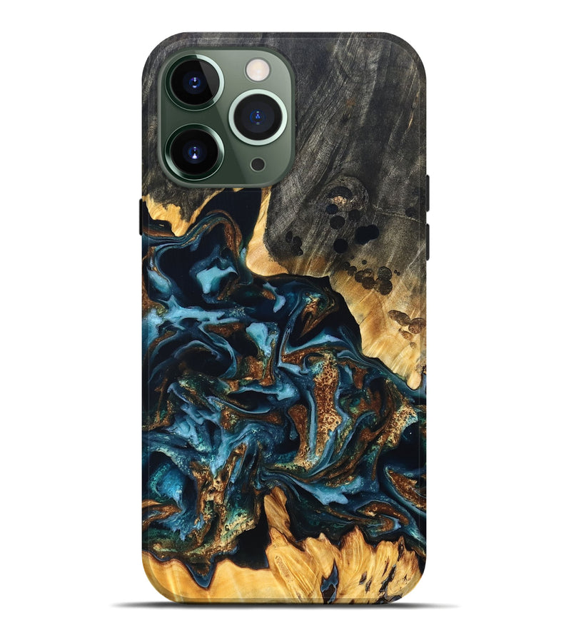iPhone 13 Pro Max Wood Live Edge Phone Case - Jessi (Teal & Gold, 822876)