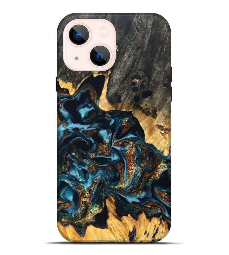 iPhone 14 Plus Wood Live Edge Phone Case - Jessi (Teal & Gold, 822876)