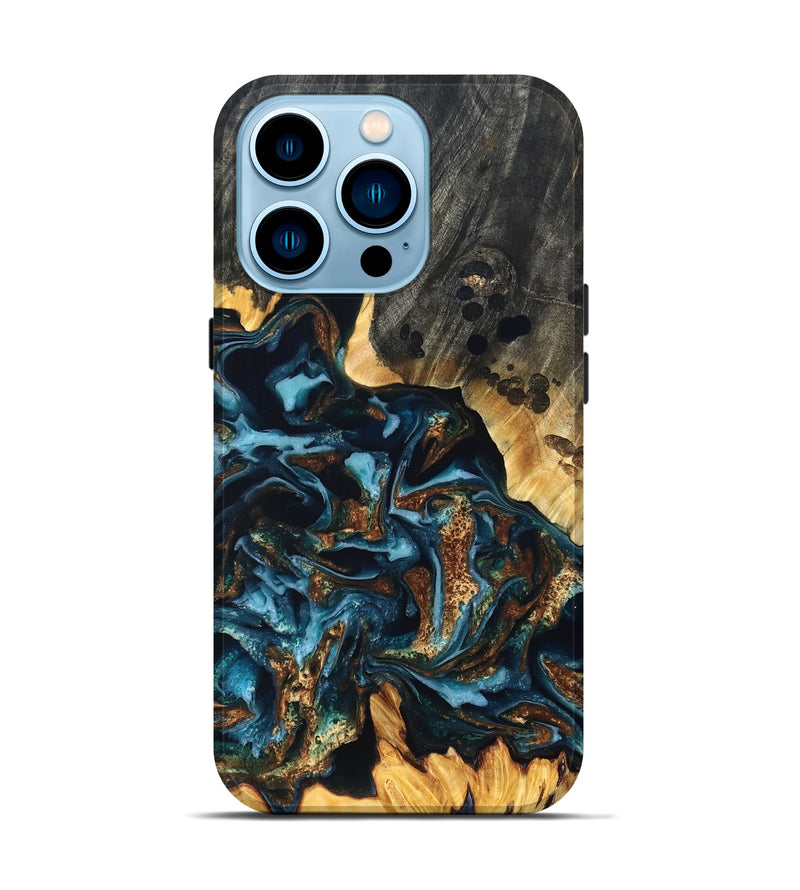 iPhone 14 Pro Wood Live Edge Phone Case - Jessi (Teal & Gold, 822876)