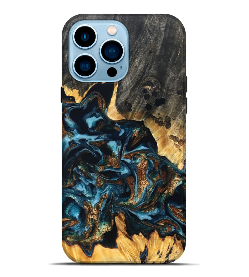 iPhone 14 Pro Max Wood Live Edge Phone Case - Jessi (Teal & Gold, 822876)