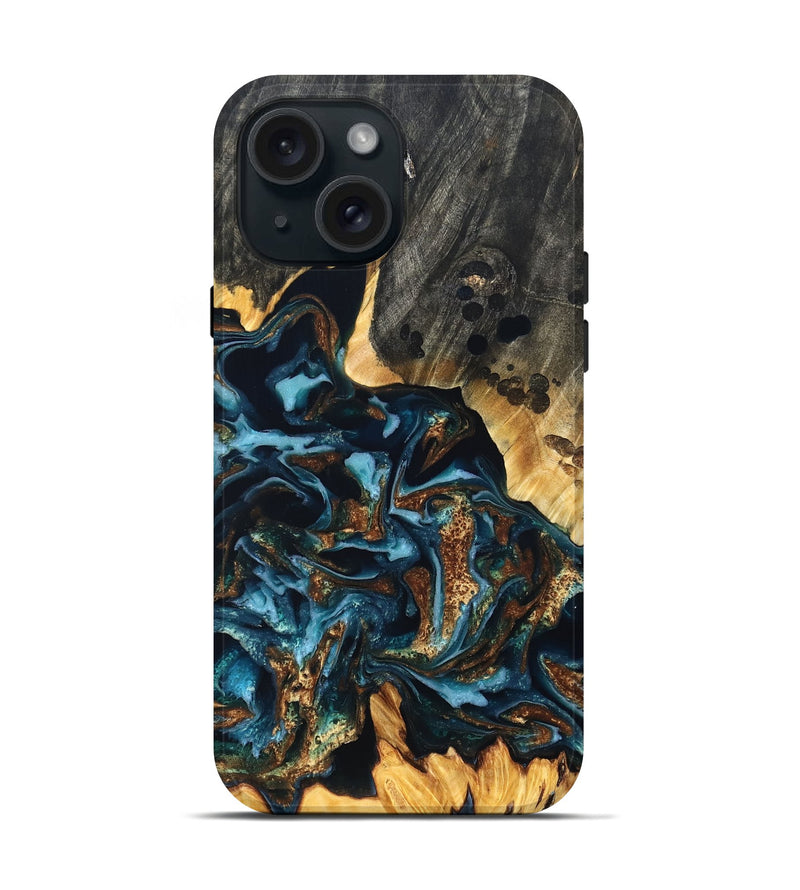 iPhone 15 Wood Live Edge Phone Case - Jessi (Teal & Gold, 822876)