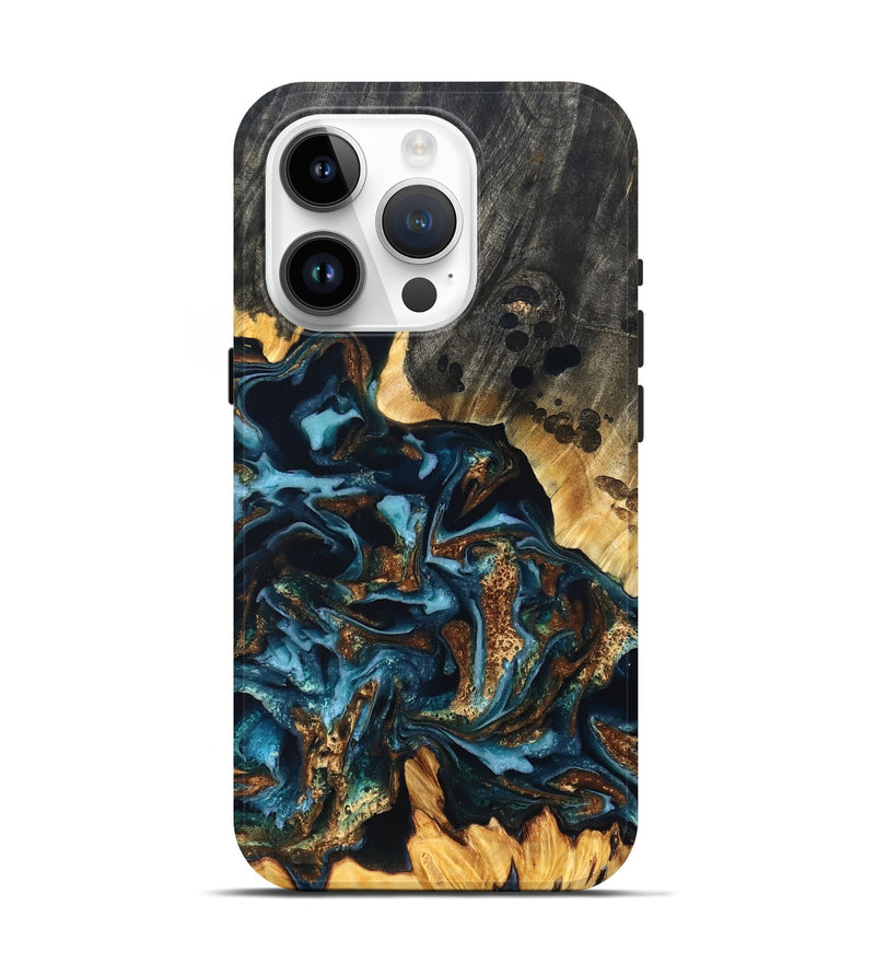 iPhone 15 Pro Wood Live Edge Phone Case - Jessi (Teal & Gold, 822876)
