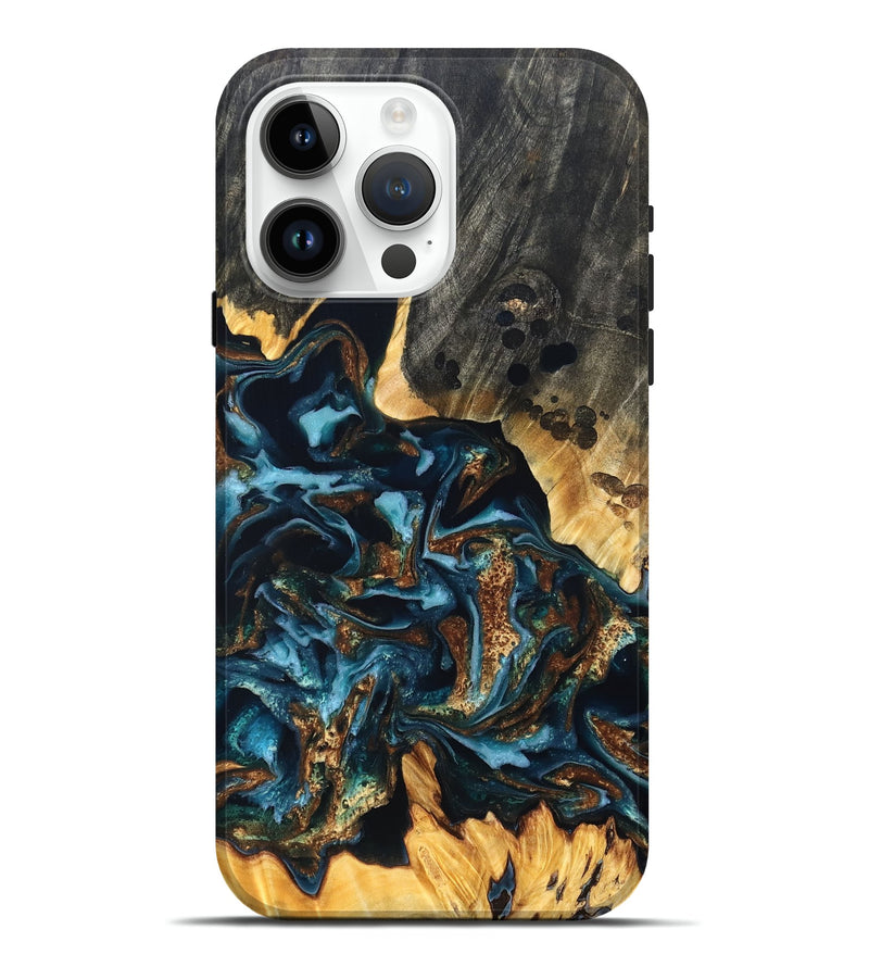 iPhone 15 Pro Max Wood Live Edge Phone Case - Jessi (Teal & Gold, 822876)