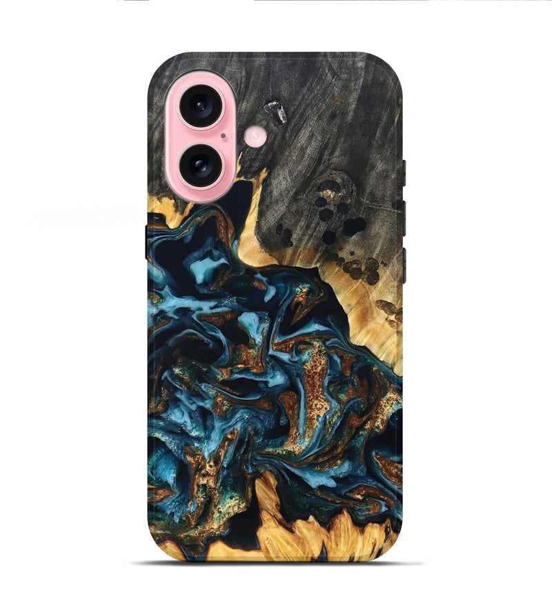 iPhone 16 Wood Live Edge Phone Case - Jessi (Teal & Gold, 822876)